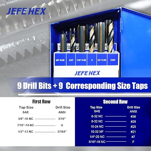 JEFEHEX 18pcs Drill and Tap Set with 1 Piece T-Handle Ratchet Tap Wrench, Tap Range 6-32NC??/2"-13NC, Black and Gold Premium HSS Jobber Length Drill Bits and Hand Plug Taps with Metal Indexed Box