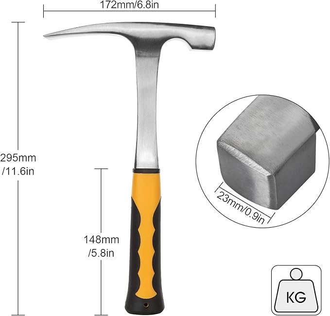 Acrux7 Brick Hammer 35 oz 12 Inch Masonry With Skid Handle - Geology Pick 2.2lb - Premium Carbon Steel, Pointed Tip, Strong Impact Resistance