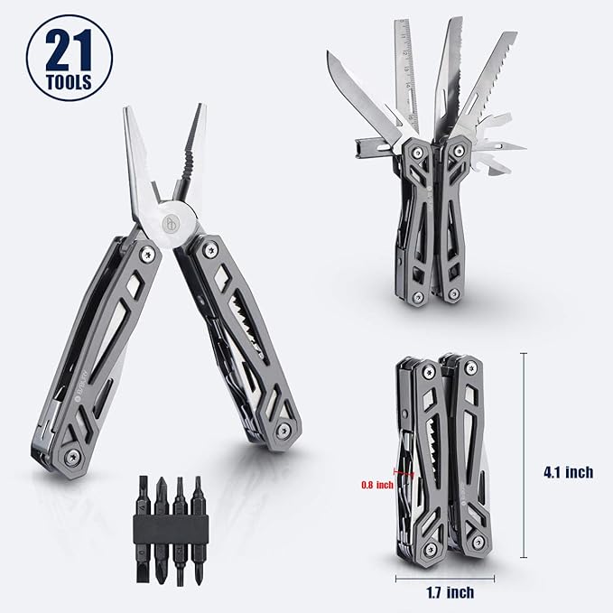 Christmas Gifts for Men Him Dad, BIBURY Multitool with Pocket Knife, 21-in-1 Stainless Steel Pliers with Screwdriver, Safety Locking Multi tools with EDC Knife for Survival, Camping, Fishing, Repair