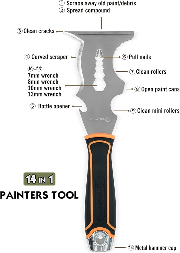 ROLLINGDOG 5 PC Drywall Repair Knife Set - Include Putty Knife Needed for Drywall Work (1.5" Stiff Blade Scraper, 1.5" Pry Bar, 14-1 Mutil Painter's tool,3" and 6" Flexible Putty Knife)