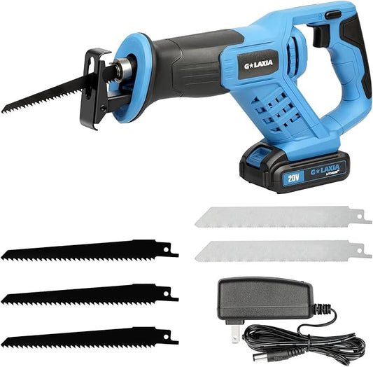 Reciprocating Saw, 20V Cordless Reciprocating Saw with 2.0Ah Battery and Fast Charger, 0-3000RPM, Tool-Free Blade Change, 5Pcs Blades for Wood, Soft Metal, PVC Pipe Cutting