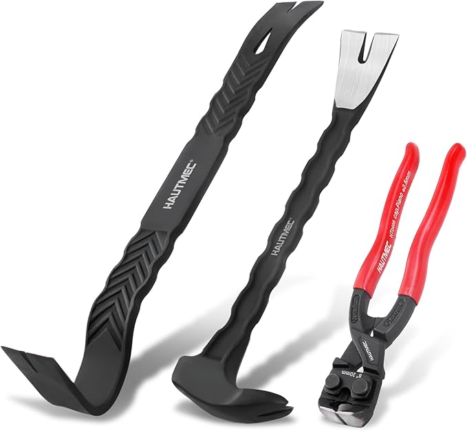 HAUTMEC 3 PCS Pry Bar Set, 15" Flat Pry Bar, 12" Cats Paw Nail Puller Tool and 8" End Cutting Pliers, Heavy Duty Dorp Forged Crowbar Pry Tool for Prying, Lifting and Removing Tasks, HTASM25022