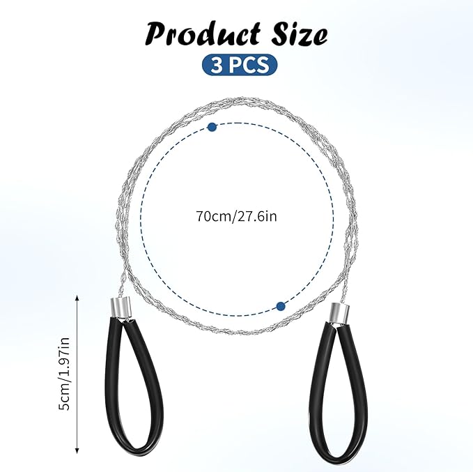 3 PCS Stainless Steel Cable Saw, Hand Pocket Metal Wire Saw PVC Pipe Cable Cutting Tool, Emergency Survival Portable String Coping Rope Saws for Wood Camping Hiking Hunting, Black, 27.6 In