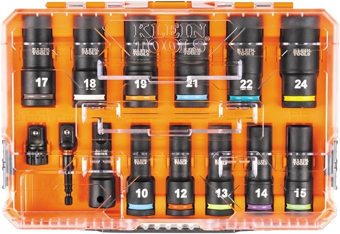 Klein Tools 65111IMPCTM KNECT Deep Well Impact Socket Set, 1/2-Inch Drive, Metric, Color Coded, MODbox Case, Impact Adapter and Extension, 14-Piece