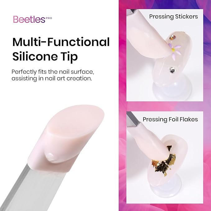 Beetles Pro Sticker Tweezers - Dual Ended Nail Art Tweezer, Curved Tip Pick Up Pearls Rhinestones, Silicone Tip Press Stickers Nail Art Tool Ultra Precision Stainless Steel Nippers