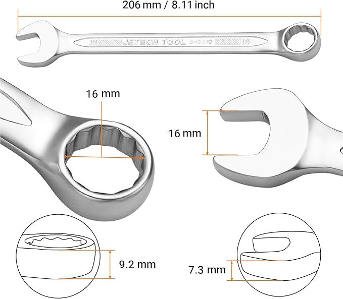 Jetech 16mm Combination Wrench - Industrial Grade, Chrome Vanadium Steel, Sand Blasted Finish, Precision-Machined 12-Point Opening, Off-Cornered Design, 15-Degree Offset
