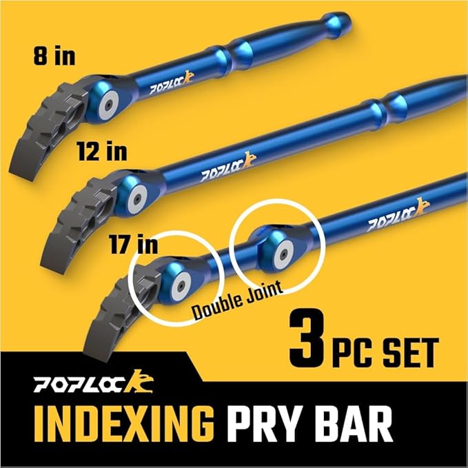 Poplock Indexing Pry Bar Set, 3-Piece Adjustable Pry Bars with Double Push-Lock | 8, 12 & 17 inch Double-Joint 121 Position Prybar for Automotive, DIY & Industrial Use