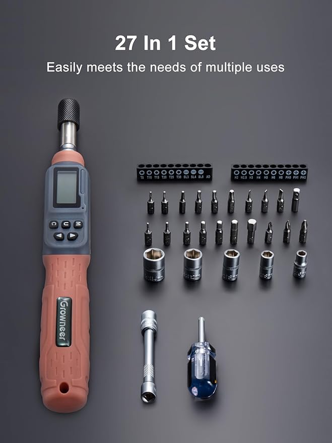 GROWNEER Digital Torque Screwdriver, 2.66-53.1 In-lbs/0.3-6 Nm, 1/4'' Drive Inch Pound Torque Screwdriver Electrician with Buzzer & LED Indicator, 27 In 1 Torque Wrench Screwdriver Set