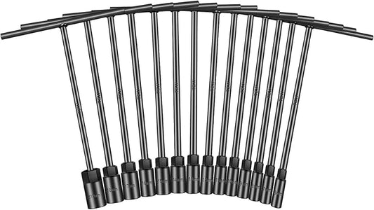T-Handle Socket Wrench Set, 14-Piece Metric Handle Wrenches -6, 7, 8, 9, 10, 11, 12, 13, 14, 15, 16, 17, 18, 19mm, CR-V Steel, 6-Point Socket handles for Motorcycle Car Bicycle Repairing