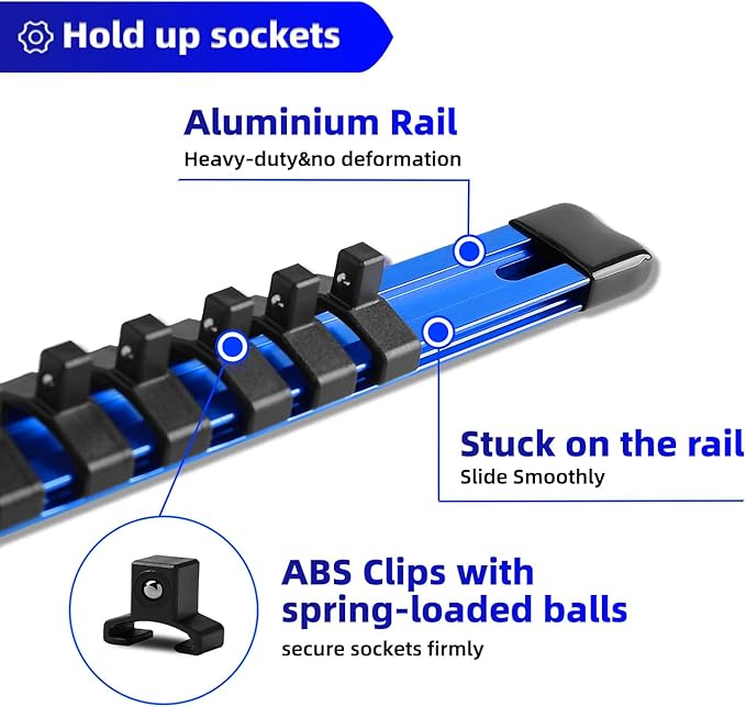 ALOANES 3-Piece Aluminum Alloy Socket Organizer, Heavy Duty Socket Racks, Socket Holder Kit for Toolbox Drawer Fit 1/2, 3/8, 1/4-Inch Socket Holder x 58 Clips (Blue)