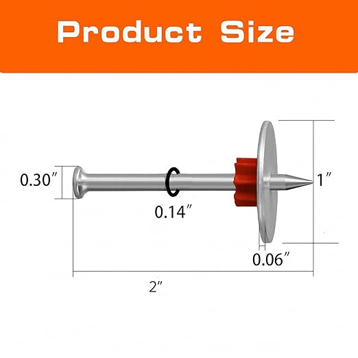 2" Powder Actuated Fasteners Round Nails .30" Head Diameter and 1" Washer with Red Flute Drive Pins for Powder Fastening & Power Framing Systems 50 pcs
