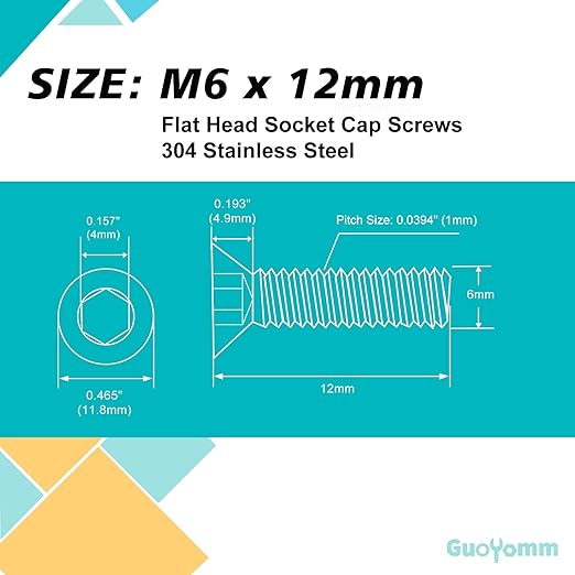 M6-1.0 x 12mm 40PCS Flat Head Hex Socket Cap Screws, Countersunk Bolts, Stainless Steel 304, Metric Allen Drive, Fully Threaded, Bright Finish