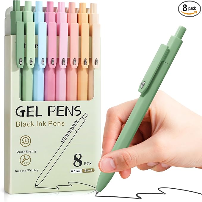 Vitoler Gel Pens, 8 pcs Cute Pens Black Ink, 0.5 mm Fine Point Smooth Writing Pen, Quick Drying Pen for Teacher Supplies, Stocking Stuffers for Nurses