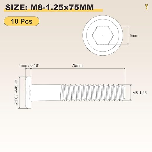METALLIXITY Flat Head Hex Socket Cap Screws Bolts(M8-1.25x75) 10Pcs, Steel Hex Socket Furniture Bolts Screws - for Furniture Woodworking Project, Black