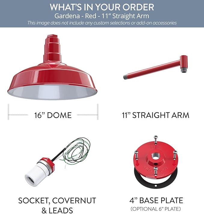 Steel Lighting Co. | Dusk to Dawn | Gardena Barn Light | Outdoor Wall Mounted | 16" Dome | 11" Straight Arm | Farmhouse Light Made in America | Red Exterior/White Interior