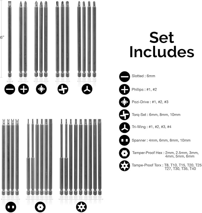 NEIKO 10224A 1/4" Extra Long Security Bit Set, 32 Piece Screwdriver For Drill, S2 Steel 6” Long Torx ,Tamper Proof , Torx, PoziDriv, Spanner, Tri-Wing, Security Power Bit