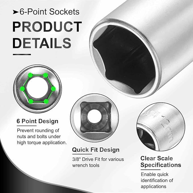 HARFINGTON 2pcs 6 Points Deep Socket 3/8" Drive 12mm Deep Metric CR-V Steel Polished Nickel Plating Flip Sleeve 120mm / 4.7" Extra Long Socket Tool for Home Auto Nuts Bolts Repair