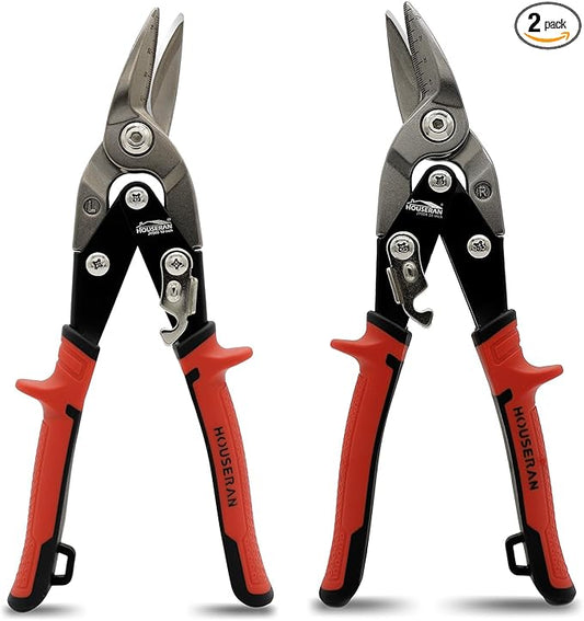 10 Inch Aviation Tin Snips Set of 2, Left and Right Cut Offset Stainless Steel Tin Snip, Heavy Duty Metal Cutter with Hang Hole, Scale Markings and Safety Latch, for Cutting Metal Sheet