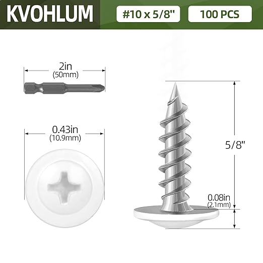 #10 x 5/8" (100 PCS) Modified Truss Head Wood Screws, Phillips Drive Quick Metal Self Tapping Screws, White Head, Full Thread, Screwdriver Bit Included