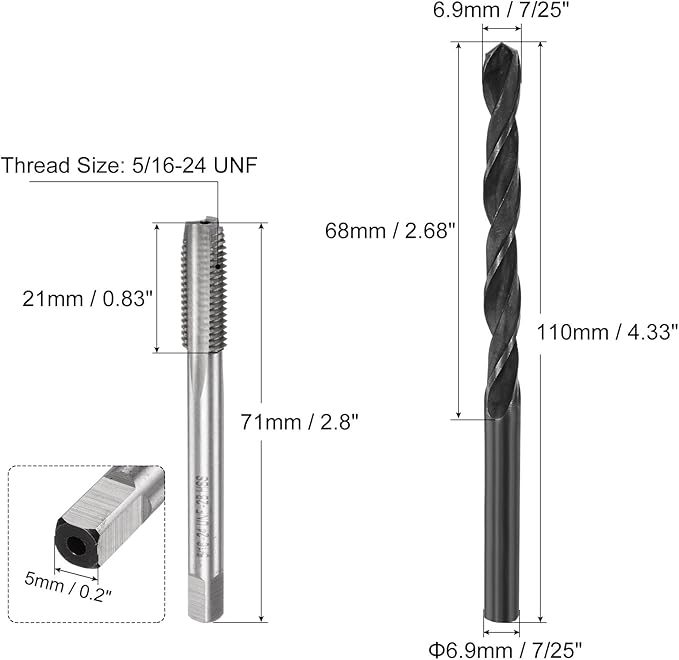 uxcell Tap and Drill Bit Set, 5/16-24 UNF Thread Tap & 7/25" Black Oxide Twist Drill Bit, Straight Flute Tap Tapping Threading Repair Tool Kit
