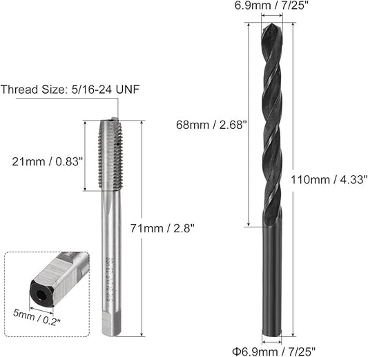uxcell Tap and Drill Bit Set, 5/16-24 UNF Thread Tap & 7/25" Black Oxide Twist Drill Bit, Straight Flute Tap Tapping Threading Repair Tool Kit