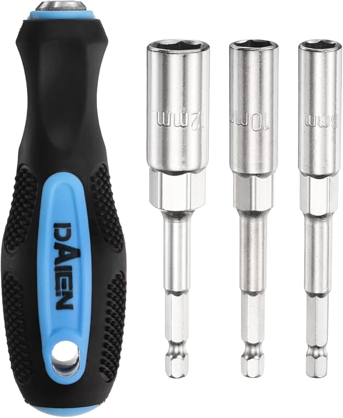 HARFINGTON Metric Nut Driver 8mm/10mm/12mm CR-V Non-Magnetic Detachable Tip Hollow Shafts Hex Socket Screwdriver with Anti-Slip Handle for Automobile Repair Bit Driver, Blue/Black