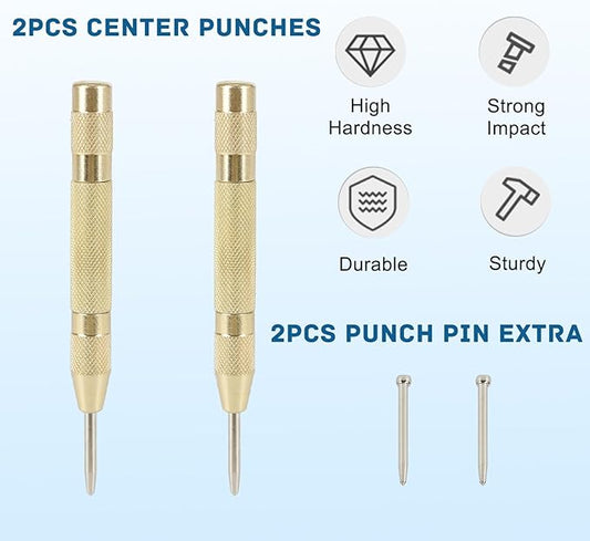 2PCS Automatic Center Punch,5'' Spring Loaded Center Punch, Heavy Duty Steel Adjustable Center Marker Punch Tool with 2PCS Extra Replacement Tip for Metal,Plastic,Wood,Glass by YUIOASE