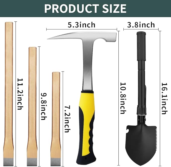 16 PCS Geology Rock Pick Hammer Kit, 22oz Hammer & 3 PCS Digging Chisels Set for Rock Hounding, Gold Mining & Prospecting Equipment Tool Gear Shovel Musette Backpack,Magnifying Glass, Goggles,Whistle
