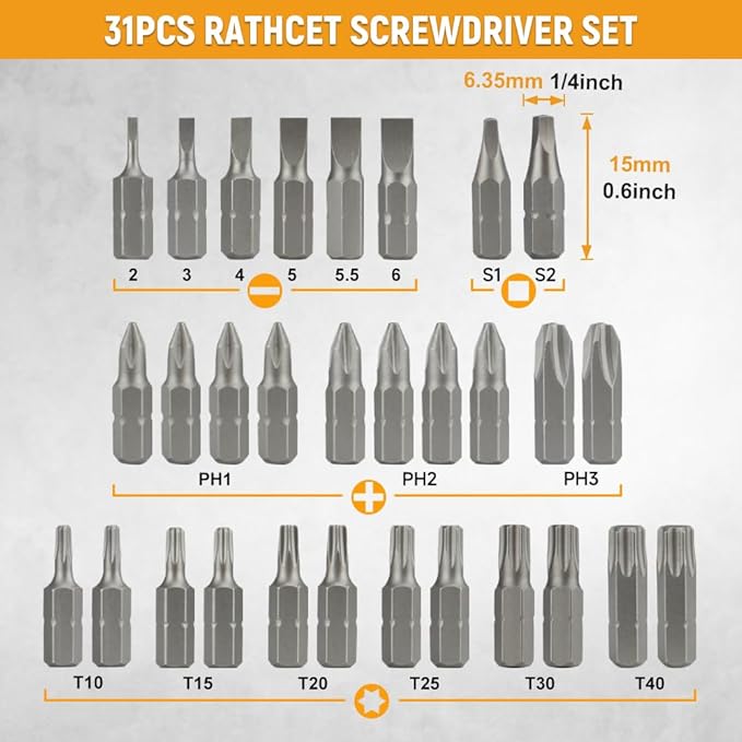 Hoteche 31-Piece Ratcheting Screwdriver Set ??Magnetic Bit Driver with 30 CR-V Bits (6.35횞25mm) | Reversible Ratchet, Ergonomic Handle, Storage Case for Home, DIY, and Workshop