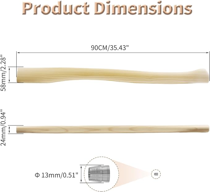 2 pcs Premium Toon Wood Hammer Handle Replacement 90cm Long Wood Tool Handle,Ball Peen Hammer Handles with a Steel Wedges Suitable for Small Hammers or Axes with 58×24mm Tenons