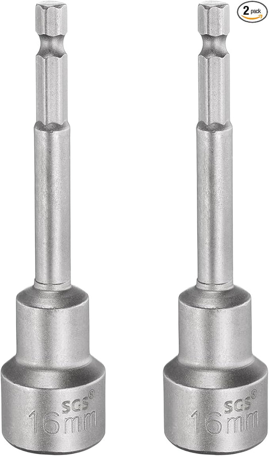 HARFINGTON 2pcs Nut Driver Drill Bit 16mm Metric Socket 1/4" Hex Shank 3.94" (100mm) Long Magnetic 6-Point Sockets Quick Change CR-V Steel Bolt Setters for Power Drill Drivers