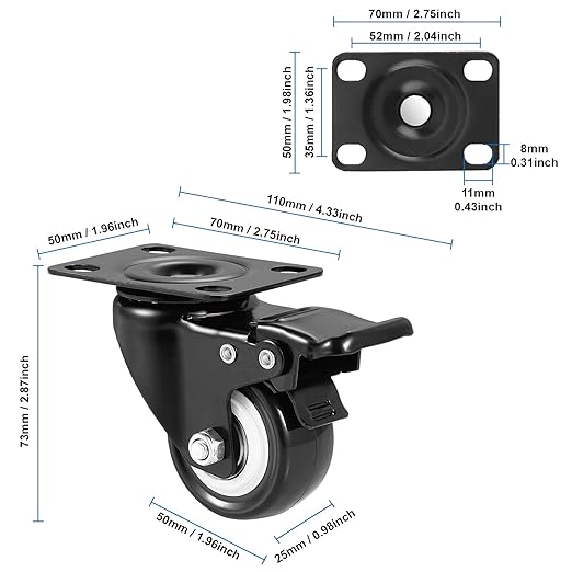 Casters, 2" Caster Wheels竊똂asters Set of 4 Heavy Duty - ASRINIEY Black Polyurethane Castors, Top Plate Swivel Wheels, 4-Pack Industrial Casters with Brake, Locking Casters for Furniture and Workbench