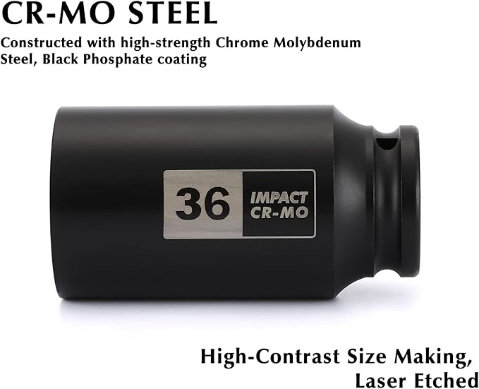 EMENTOL 1/2 Inch Drive Deep Spindle Axle Nut Impact Socket, CR-MO, 12 Point, Metric, Deep 12PT Impact Socket - 36mm