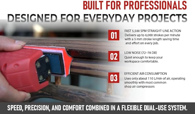 Straight Line Air Sander +13 contoured sanding blocks + 60 Sandpaper sheets Only 520 g for less fatigue. For woodworking, furniture & metal prep. 1-year warranty.