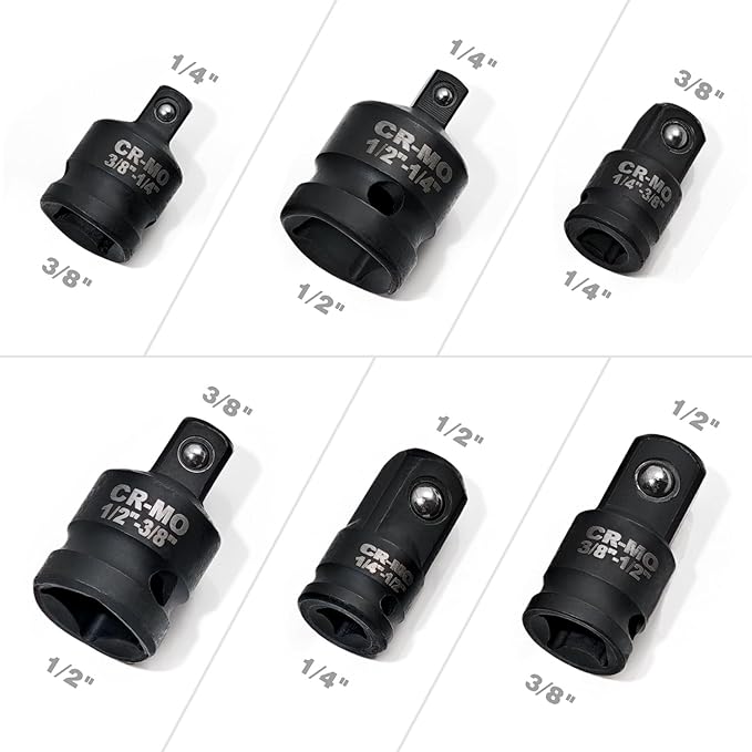 6PCS Impact Socket Adapter and Reducer Set,1/4", 3/8", 1/2" Impact Adapter Set Chrome Vanadium Steel Ratchet/Socket Conversion Kit (Impact-Black)