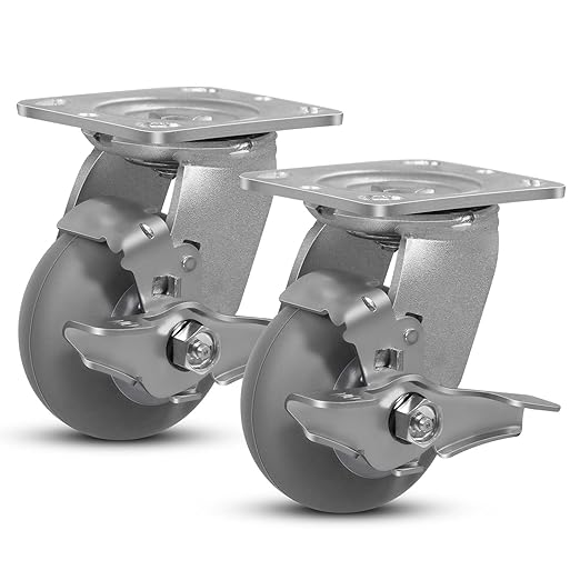 4"x 2" Heavy Duty Caster, Thermoplastic Rubber Wheels(Crown Tread)- 350 Lbs Per Casters, Plate Caster for Furniture Platform Trucks Workbench(2 Pack Brake)
