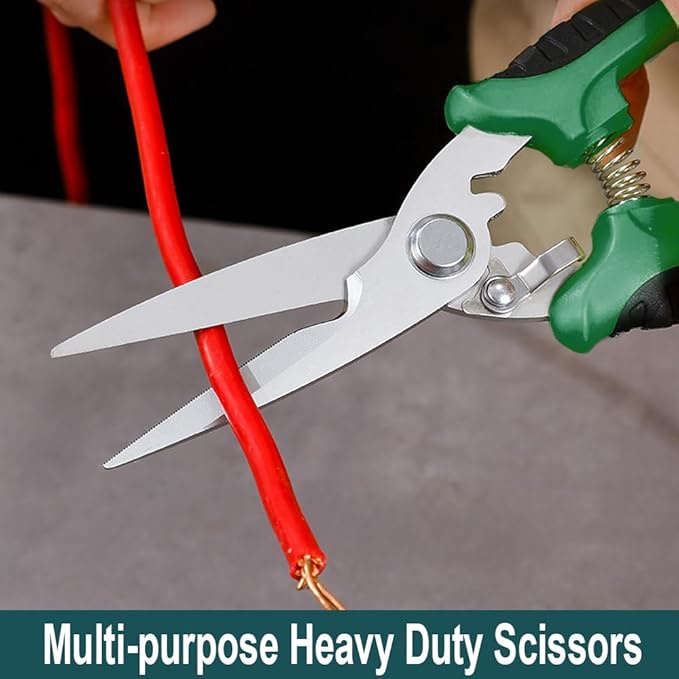 Scissors Heavy Duty, Sharp Tin Snips for Sheet Metal, Industrial Scissors, Serrated Blade, Ergonomic Handle, Easy Cutting Electrical Cable Notch, Leather, Cardboard, Fabric (7.8-In Straight Blades)