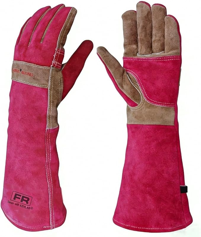 Leather Gardening Gloves for Women, Long Thorn Proof Garden Gloves for Yard Work, Heat Resistant Gloves for Welding, BBQ, Cooking, Fireplace, Chainsaw, Firm Grip, Utility, Durable, Rose Red, S