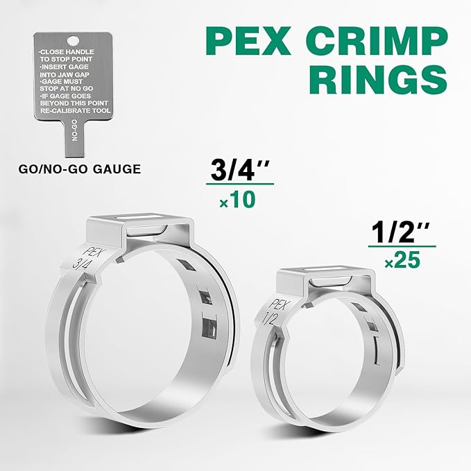 2 IN 1 Ratchet Pex Crimping Tool Cinch and Remove Combo Function Pex Pipe Crimp Tool from 3/8" to 1" Pex Crimper with Pex Cutter and Stainless Steel Pex Clamps 1/2" 25PCS, 3/4" 10PCS in Plastic Box