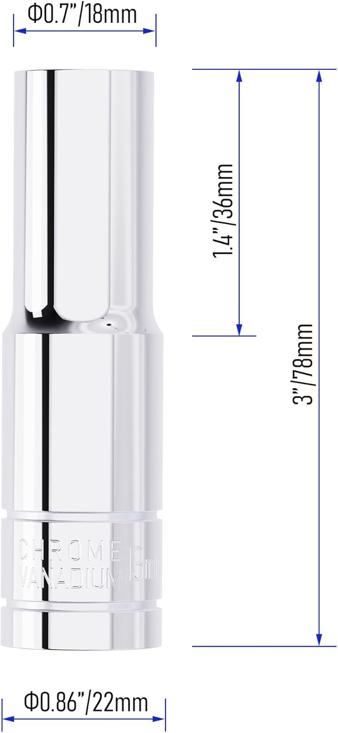 13mm Deep Socket, 1/2 Inch Drive, 6 Point, Metric, Heat Treated CR-V Steel Sockets, Full Polishing, 3.1 Inch Length(1 PC)