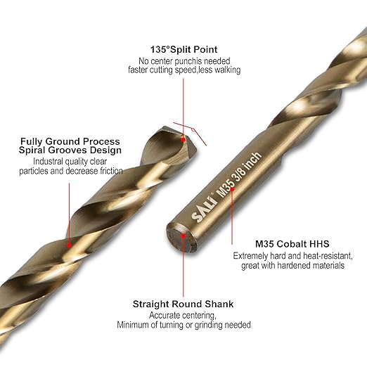 SALI Cobalt Drill Bit Set, 5Pcs 3/8" M35 High Speed Steel Jobber Length Drill Bit Kit for Hardened Metal, Stainless Steel, Cast Iron, Wood and Plastic, with Index Storage Case