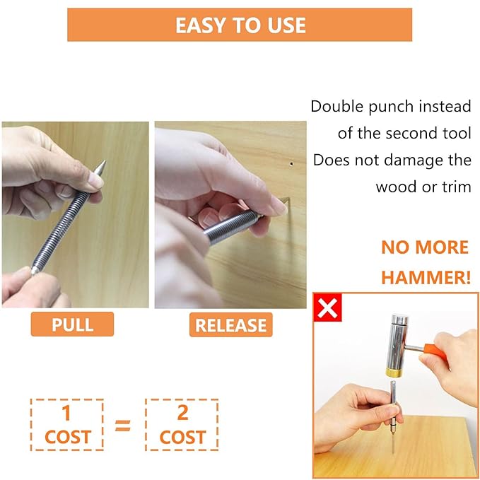 Dual Head Nail Setter, Hammerless 1/32?? 1/16??Spring Nail Set, 3500 PSI Striking Force Counter Punch