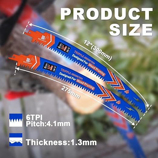 Japanese Teeth Reciprocating Saw Blades 12" 2PCS - Curved Edge Wood Pruning Saw Blades 6TPI for Tree Trimming,Wood Cutting,Cr-V Sabre Saw Pruning Blade