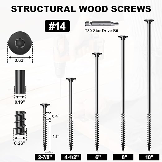 #14 Heavy-Duty Wood Screws, Star Drive Deck Screws, Rust Resistant Timber Screws for Timber/Log/Landscaping Wood (10 Inch,50Pcs,Black)