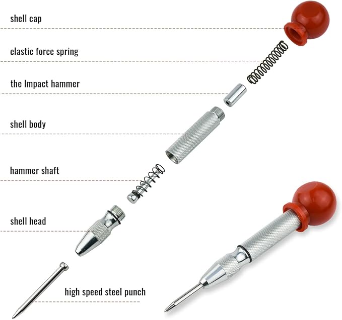 2 Pack Automatic Center Punch, 5 Inch Crushing Hand Tool Spring Punch with Cushion Cap, Metal Impact Center Hole Punch for Metal Wood Glass Plastic(Silver)