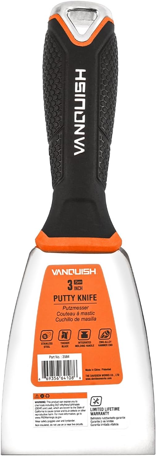 VANQUISH Stainless Steel Putty Knife, 3 Inch Paint Scraper with Soft Grip Handle and Metal Hammer End for Drywall Spackle, Taping, Scraping Paint 3584