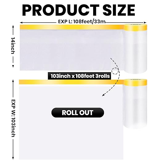 ADHES Pre Taped Masking Film with Adhesive Edge, 103 inch x 36 Yards x 3 Rolls No Residue Masking Tape for Painting, Automotive, and DIY Projects Tape and Drape for Floor Furniture Protection