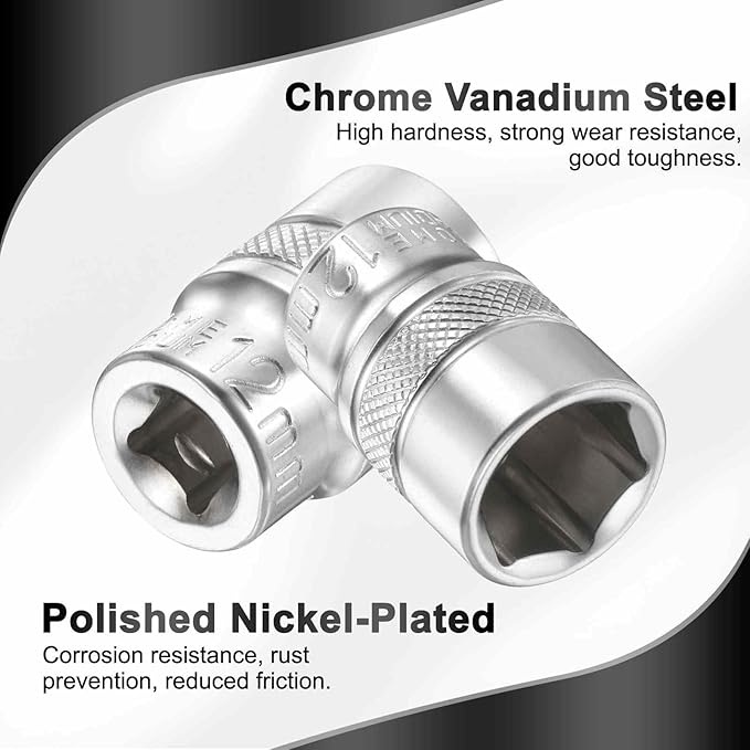 HARFINGTON 6 Points Deep Socket 1/4" Drive 12mm Deep Metric CR-V Steel Polished Nickel Plating Flip Sleeve 25mm / 1" Extra Long Socket Tool for Home Auto Nuts Bolts Repair