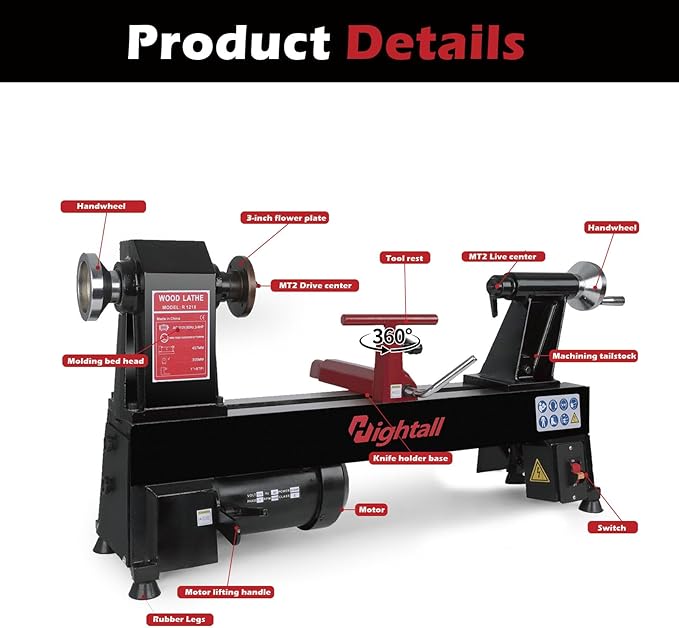 Wood Lathe Machine, 12 x 18 inch, 550W 3/4HP, 5 Speed Settings 680-2770 RPM,Benchtop Lathe with MT2 Drive/Live Center