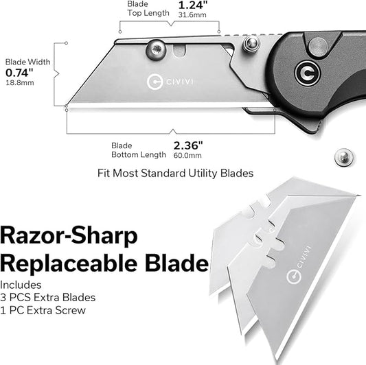CIVIVI Folding Utility Knife Box Cutter, Elementum Utility Pocket Edc Knife with 3Pcs Extra Razor Blades, Three Ways to Open, Ideal Gifts for Men Women C23039B-4